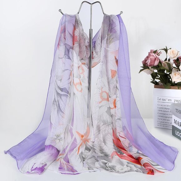 Women's Grey Purple Fashion Lightweight Head Scarf Floral Print Chiffon Scarves - Picture 2 of 6